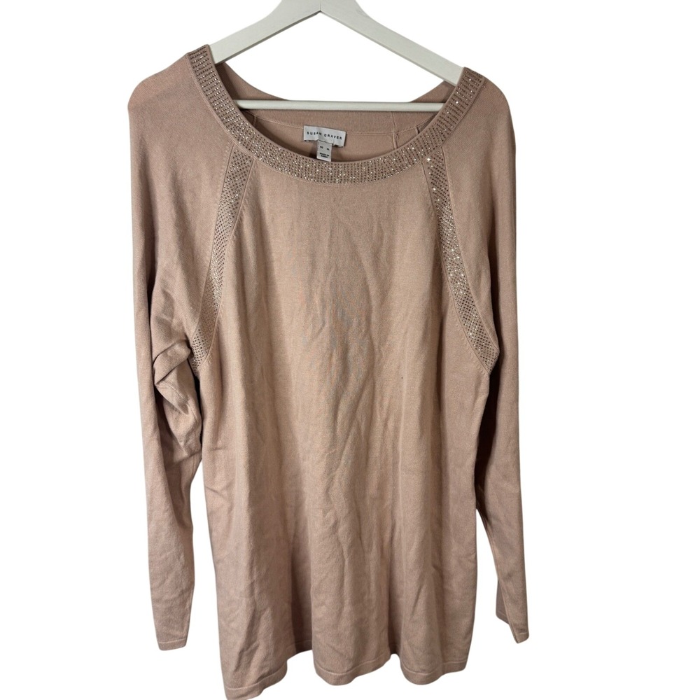Susan Graver Sweater Rhinestone‎ Neckline XL Blush Pink Womens Pullover Knit Top
